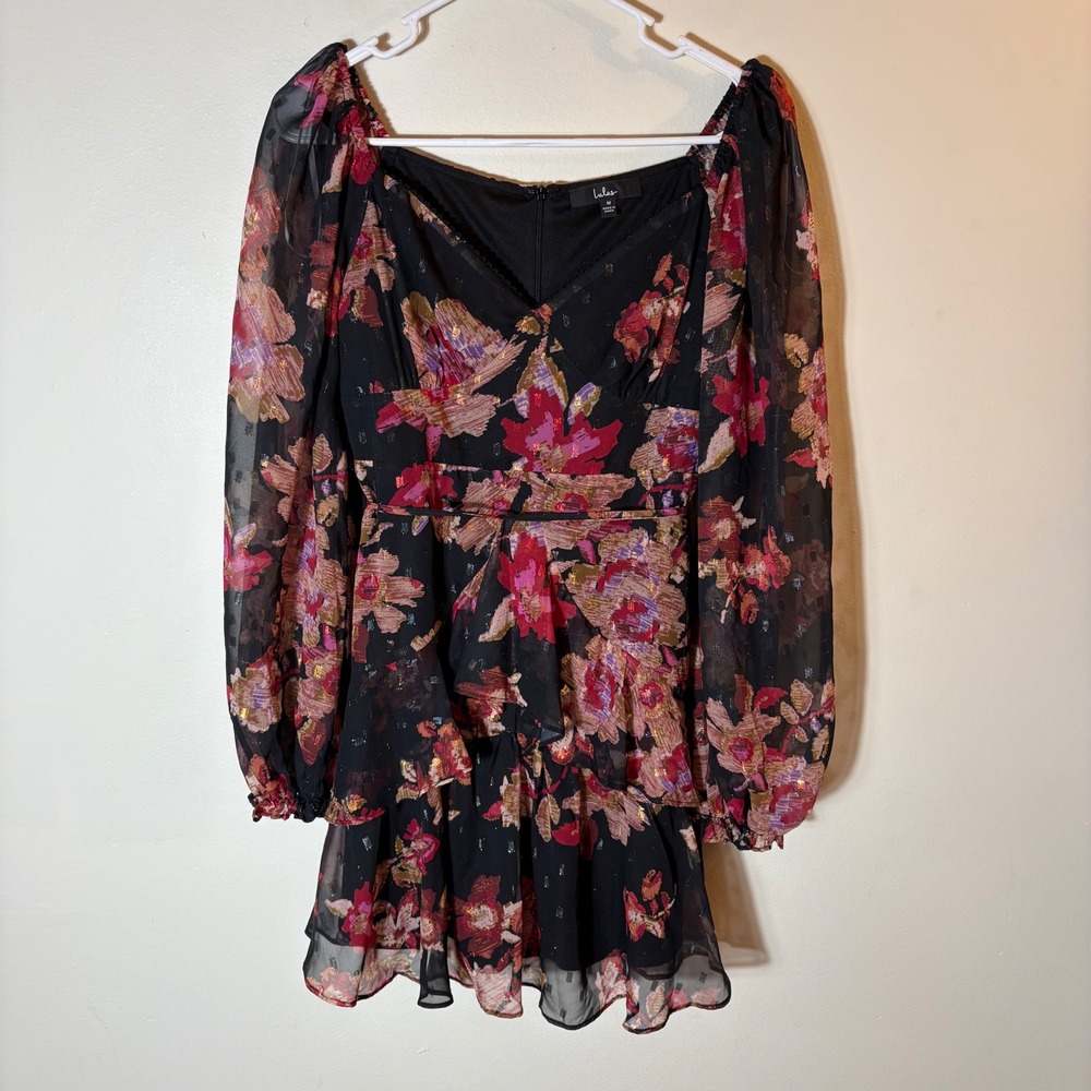 Lulus Dramatically Dreamy Black Floral Chiffon Tiered Lurex Mini‎ Dress Medium